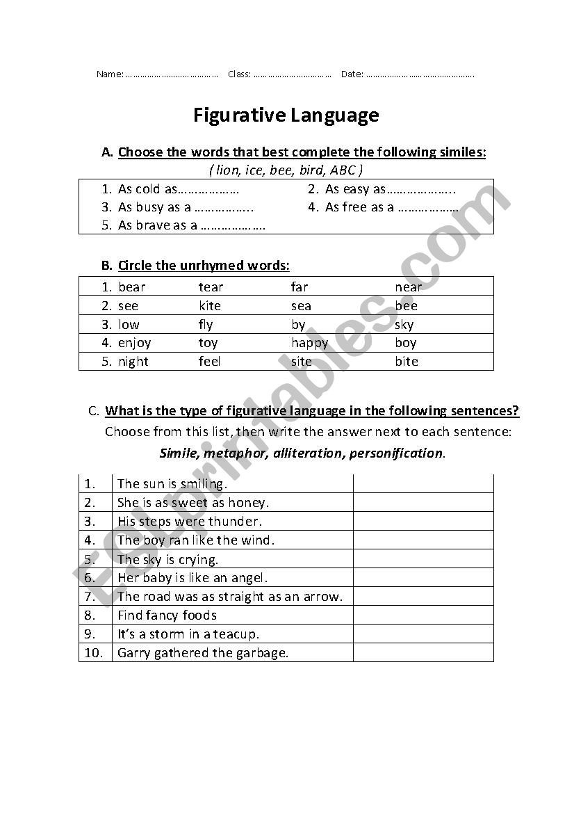 30 Figurative Language Worksheet 2 Answers Education Template