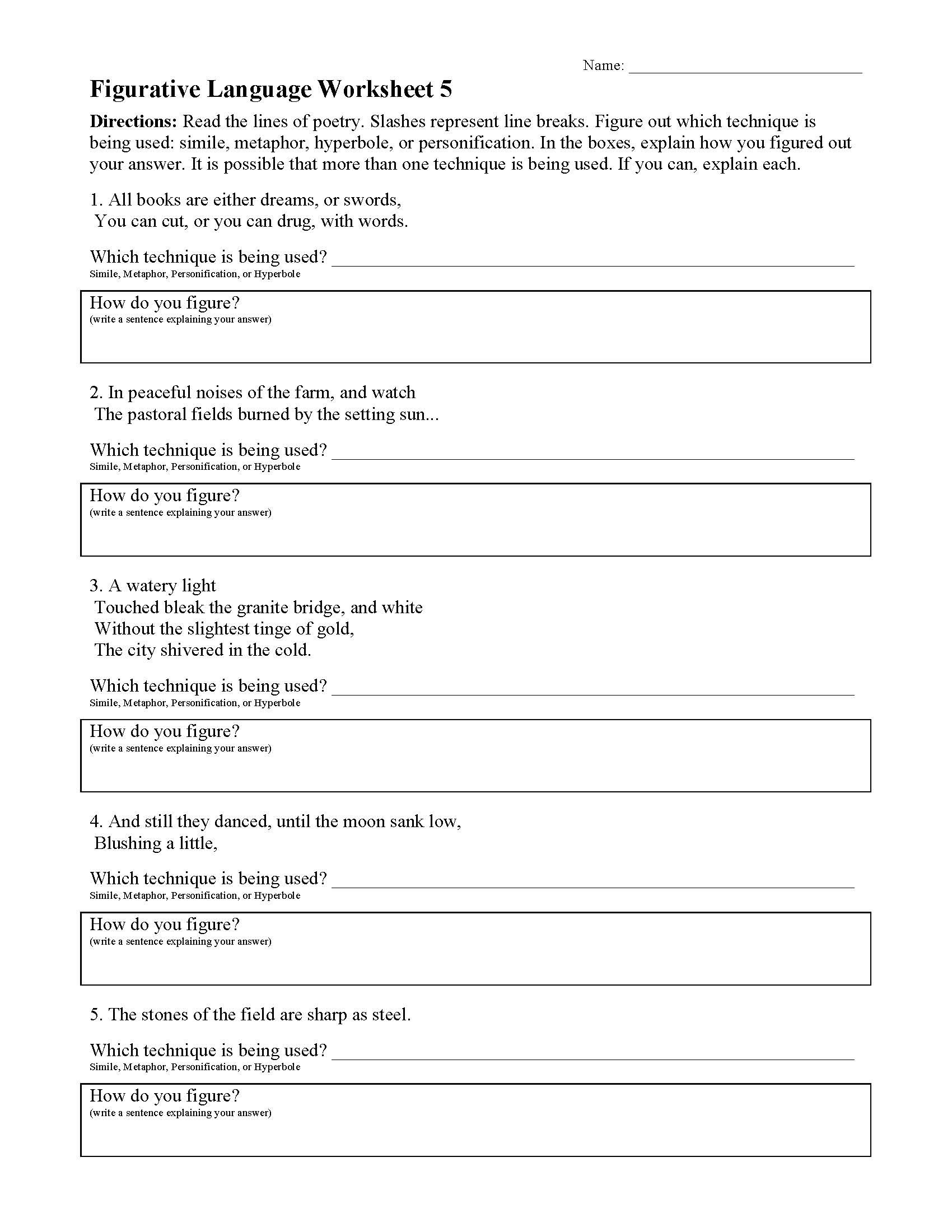 Figurative Language Worksheet 2 Answer Key Language Worksheets