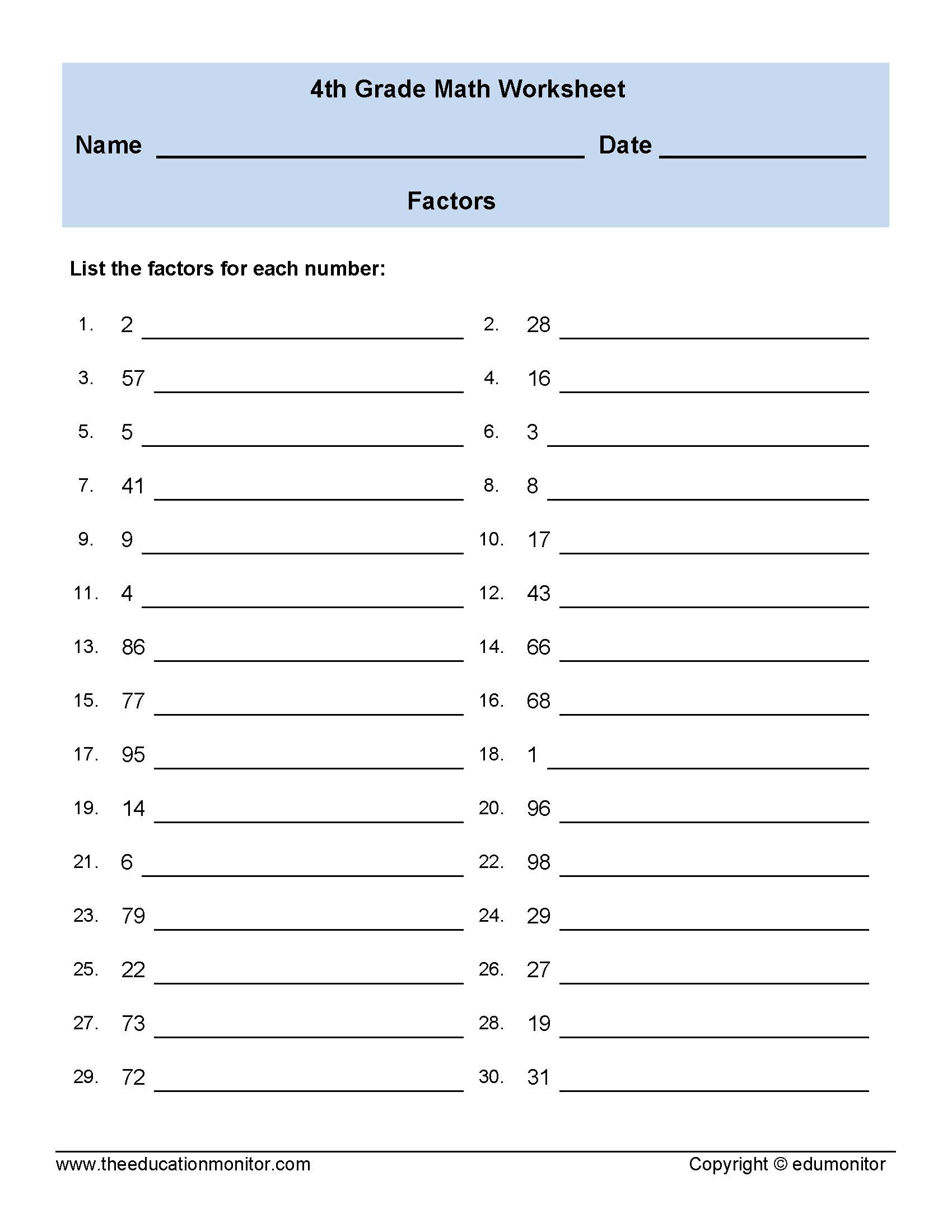 4th Grade Factors Math Worksheet free Printables