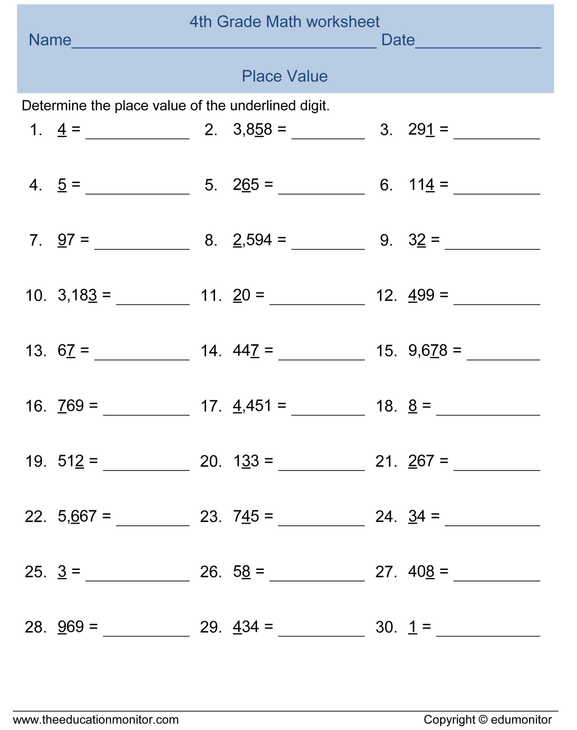 4th Grade Place Value Math Worksheet Archives EduMonitor