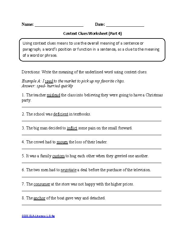 8th Grade Common Core Language Worksheets Context Clues Worksheets 