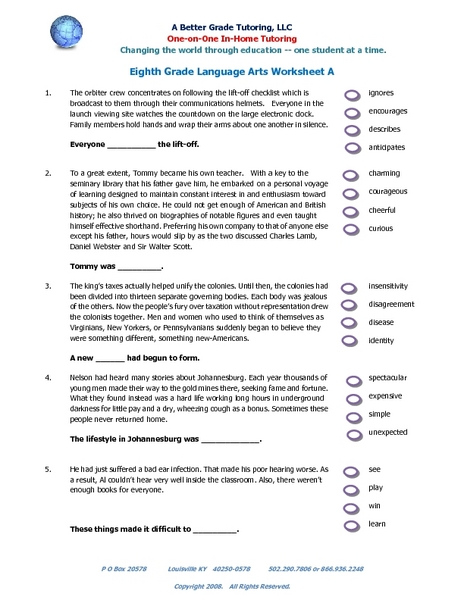 8th Grade Language Arts Worksheets With Answer Key