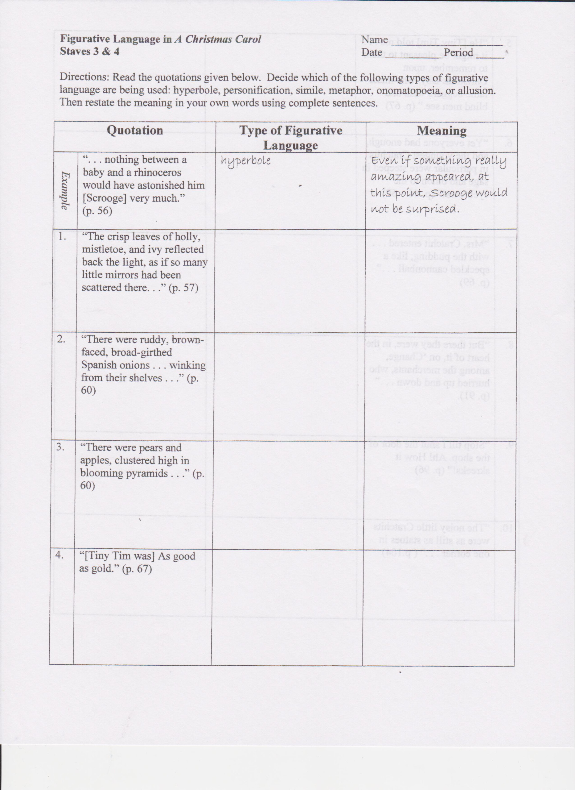 A Christmas Carol Figurative Language Worksheet Answer Key 