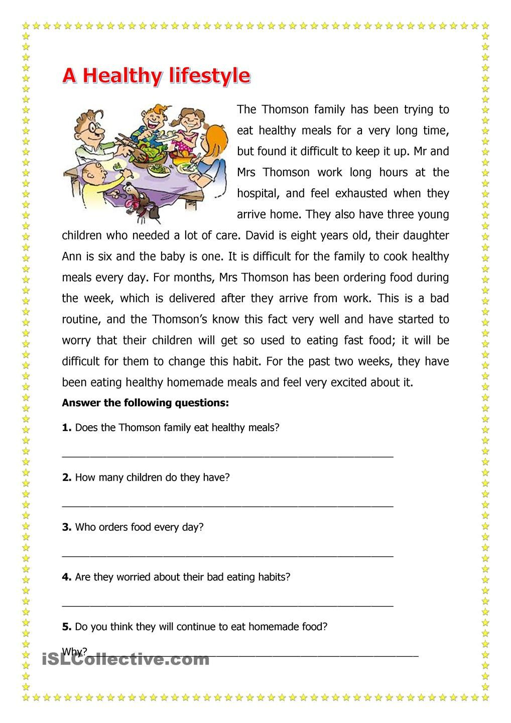 A Healthy LifeStyle Reading Comprehension Worksheets Reading 