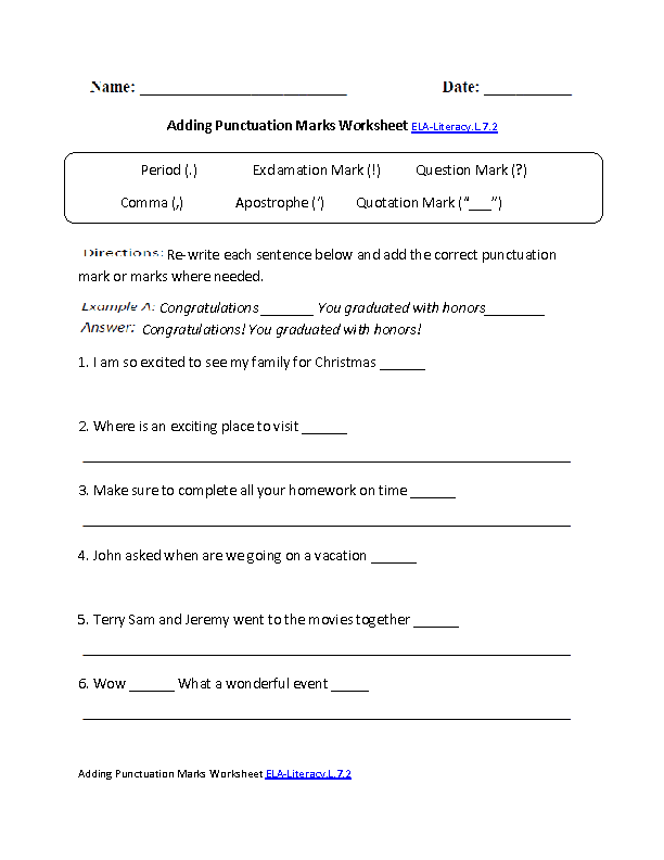 Adding Punctuation ELA Literacy L 7 2 Language Worksheet Punctuation 