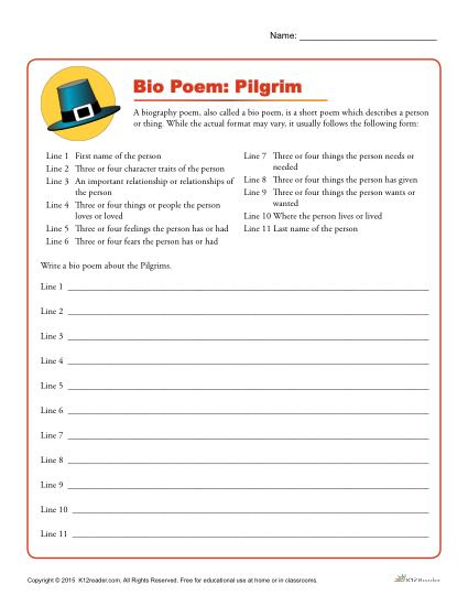 Bio Poem Pilgrims Printable Thanksgiving Writing Activity