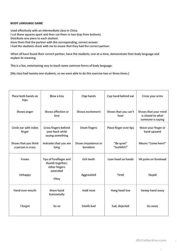 ESL Body Language Worksheets Language Worksheets