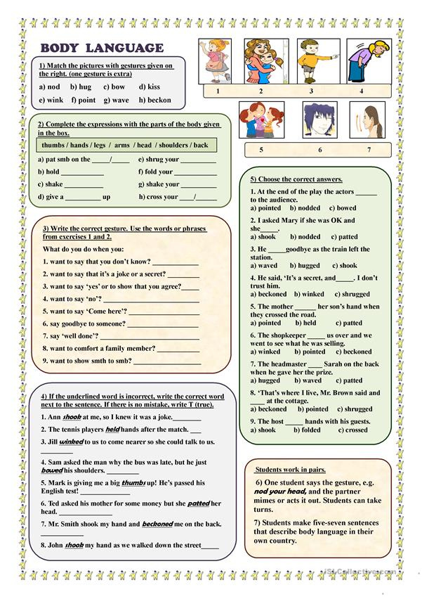 Body Language vocabulary English ESL Worksheets For Distance 