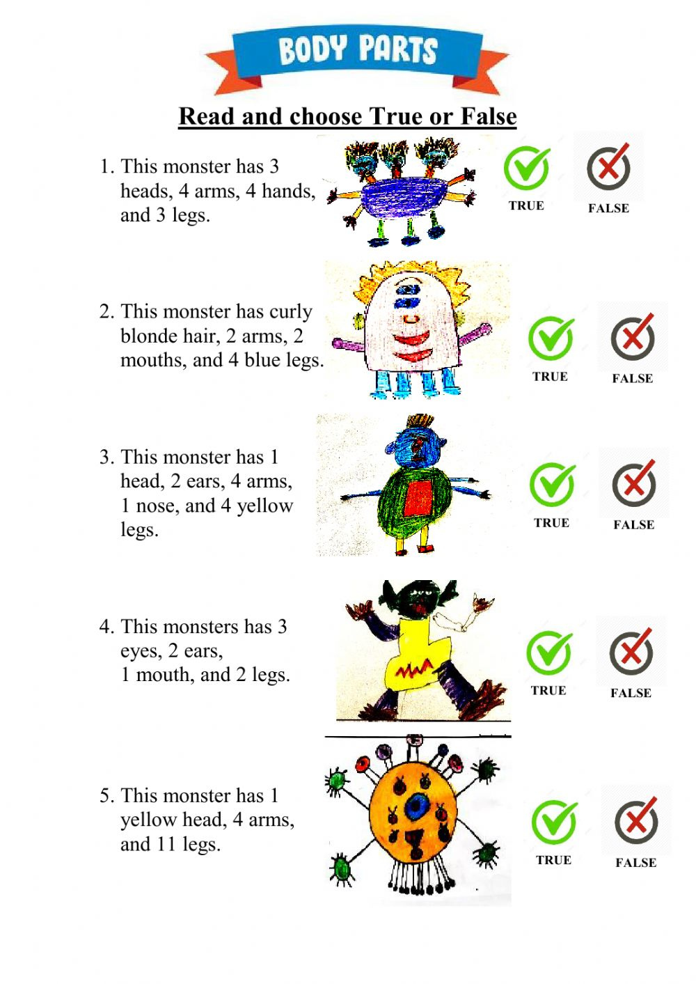 Body Parts Reading Worksheet