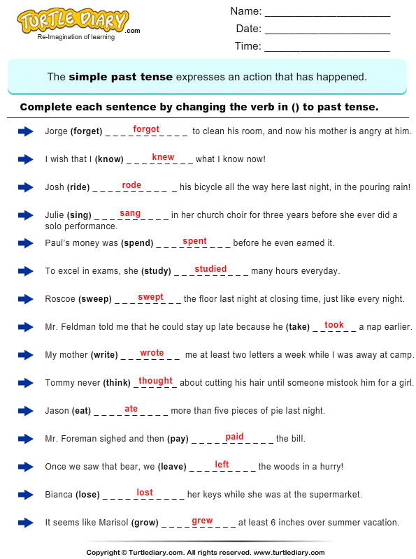 Change The Verbs To Past Tense Form Answer Simple Past Tense English 