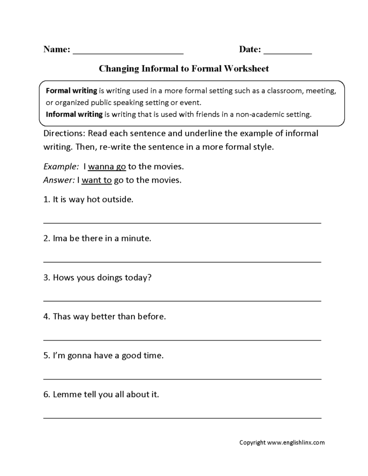 Changing Informal To Formal Language Worksheets