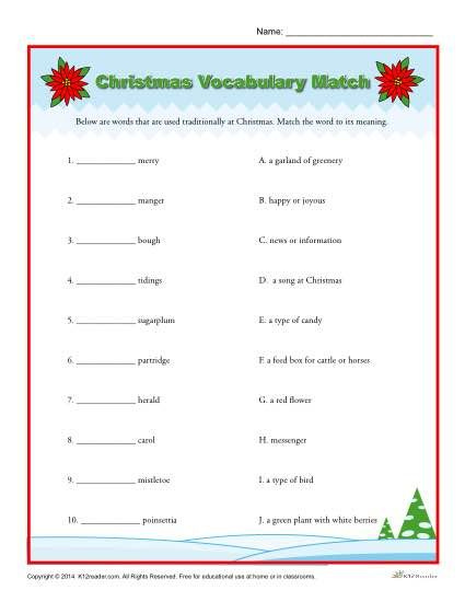Christmas Vocabulary Match Christmas Worksheets Christmas Printables 