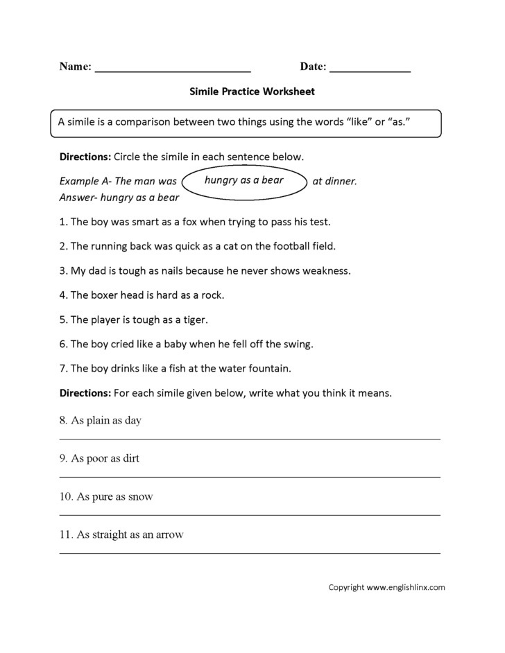 Figurative Language 3rd Grade Worksheets