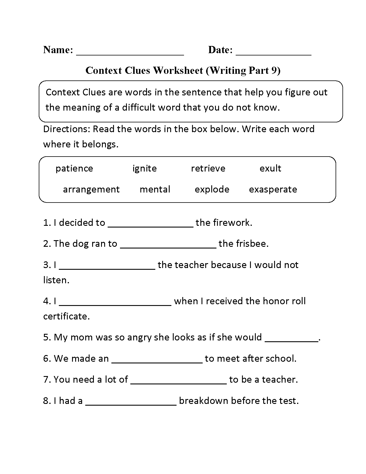 Context Clues Worksheet Writing Part 9 Intermediate Context Clues 