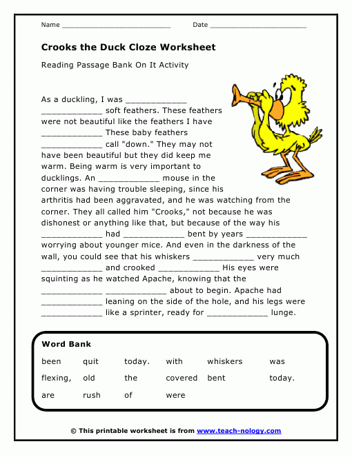 Crooks The Duck Cloze Worksheet