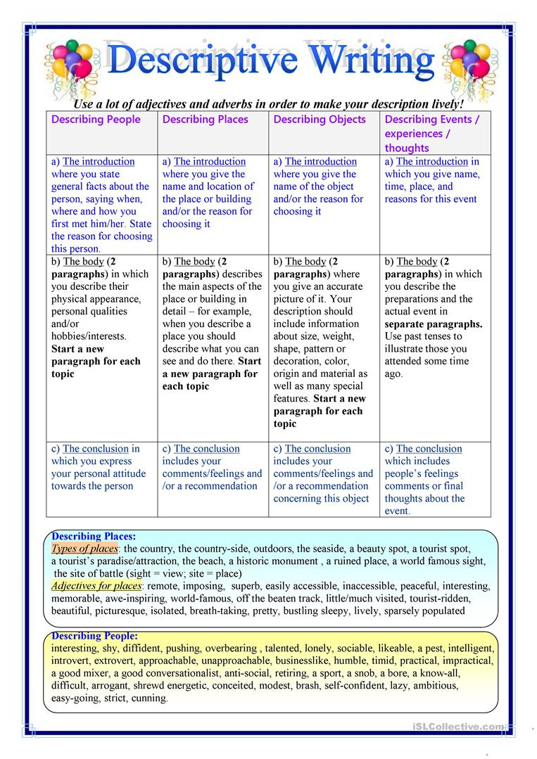Descriptive Writing English ESL Worksheets For Distance Learning And 