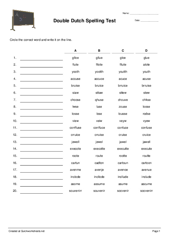 Double Dutch Spelling Test Spelling Test Worksheet Quickworksheets