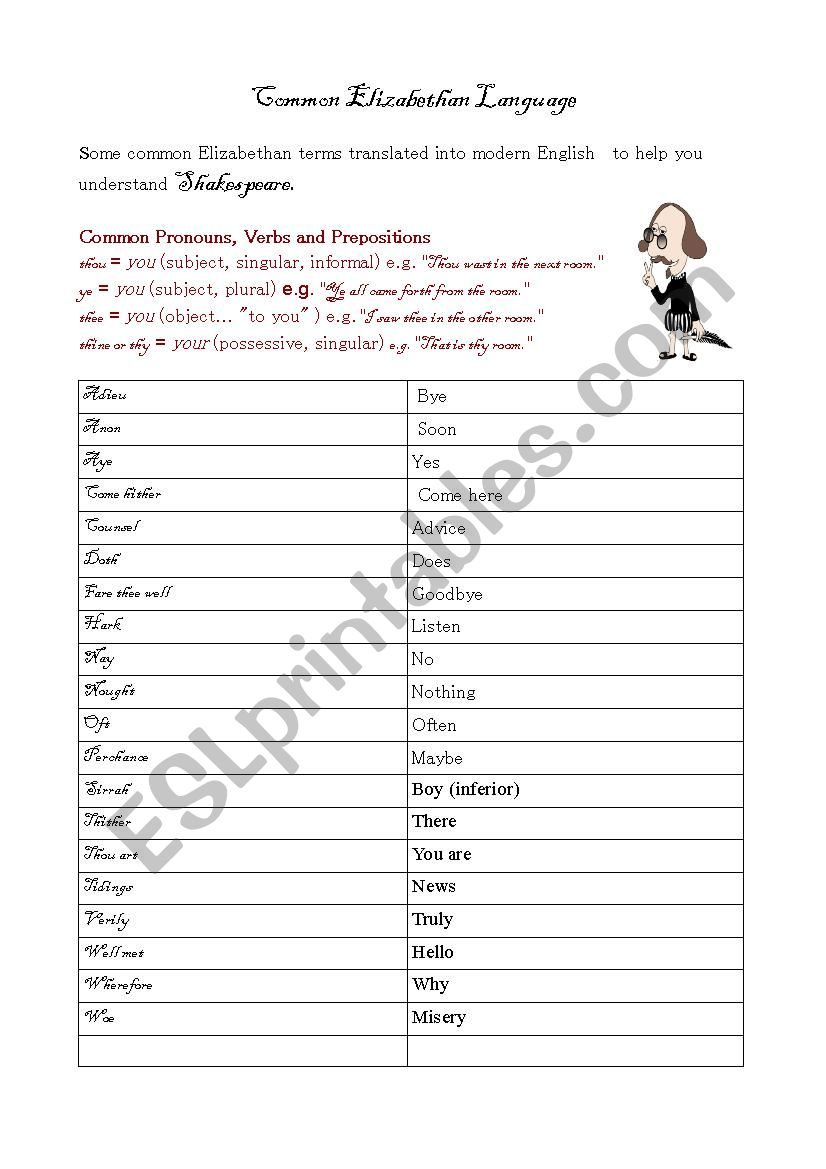 Elizabethan Language Translation ESL Worksheet By Sandrina