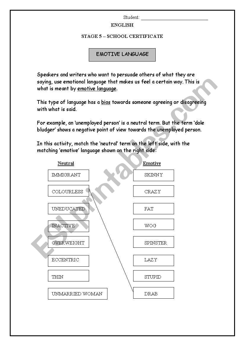 Emotive Language ESL Worksheet By Tracks66