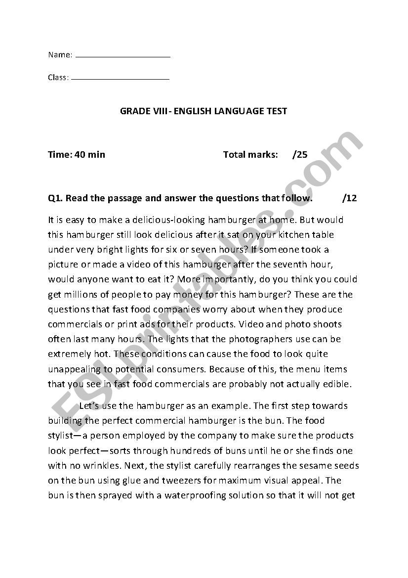 English Language Test Grade 8 ESL Worksheet By Hk91