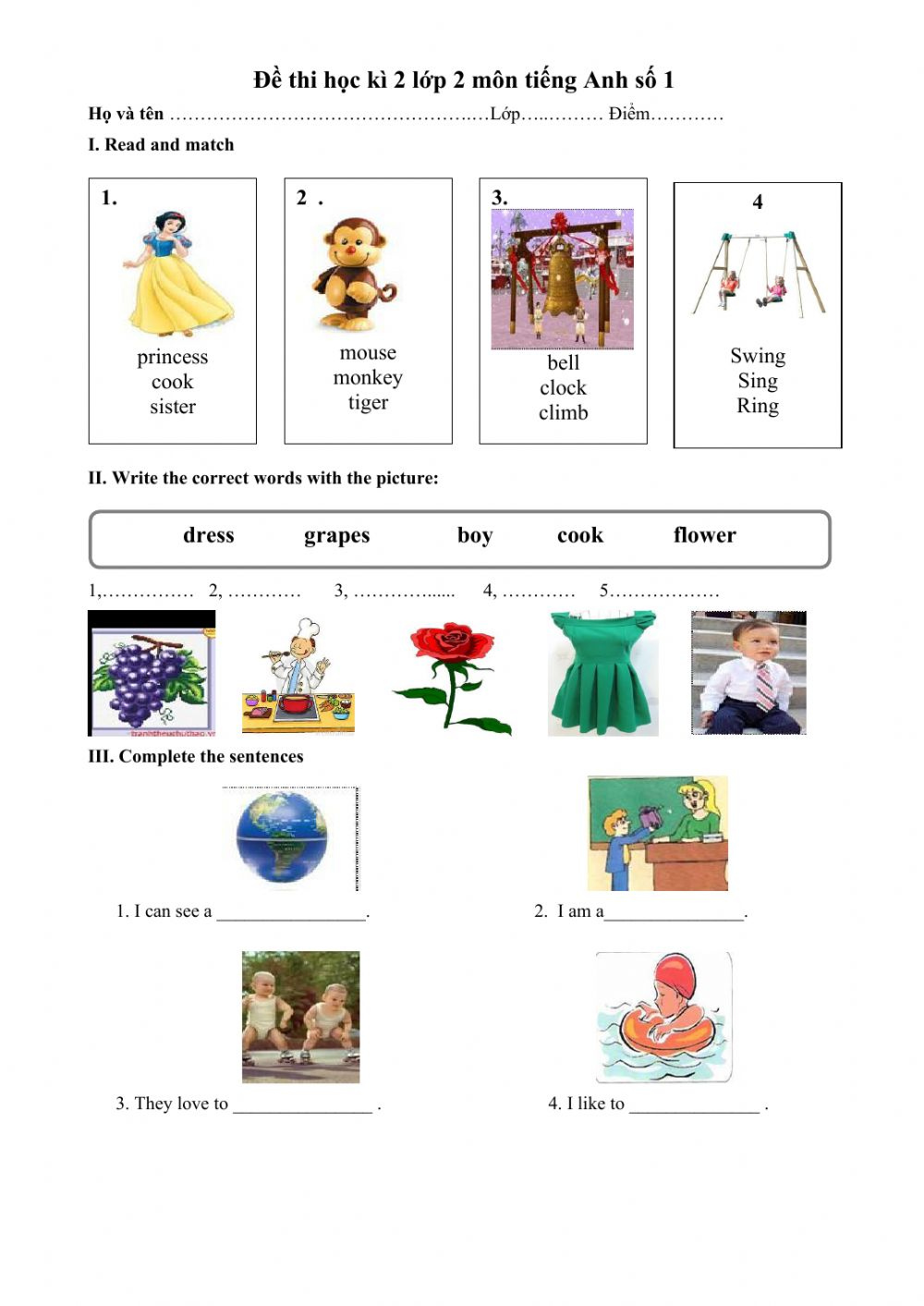 English Test Grade 2 Worksheet