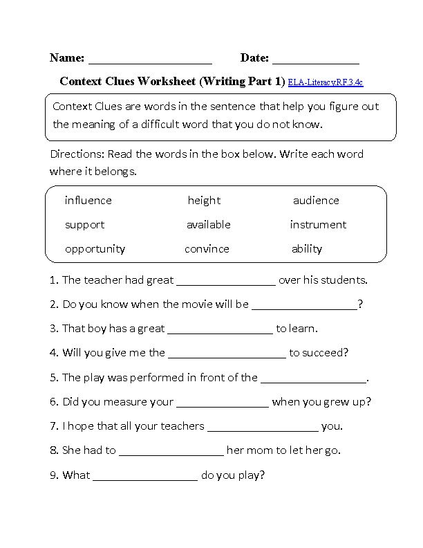 English Worksheets 3rd Grade Common Core Aligned Worksheets Context 