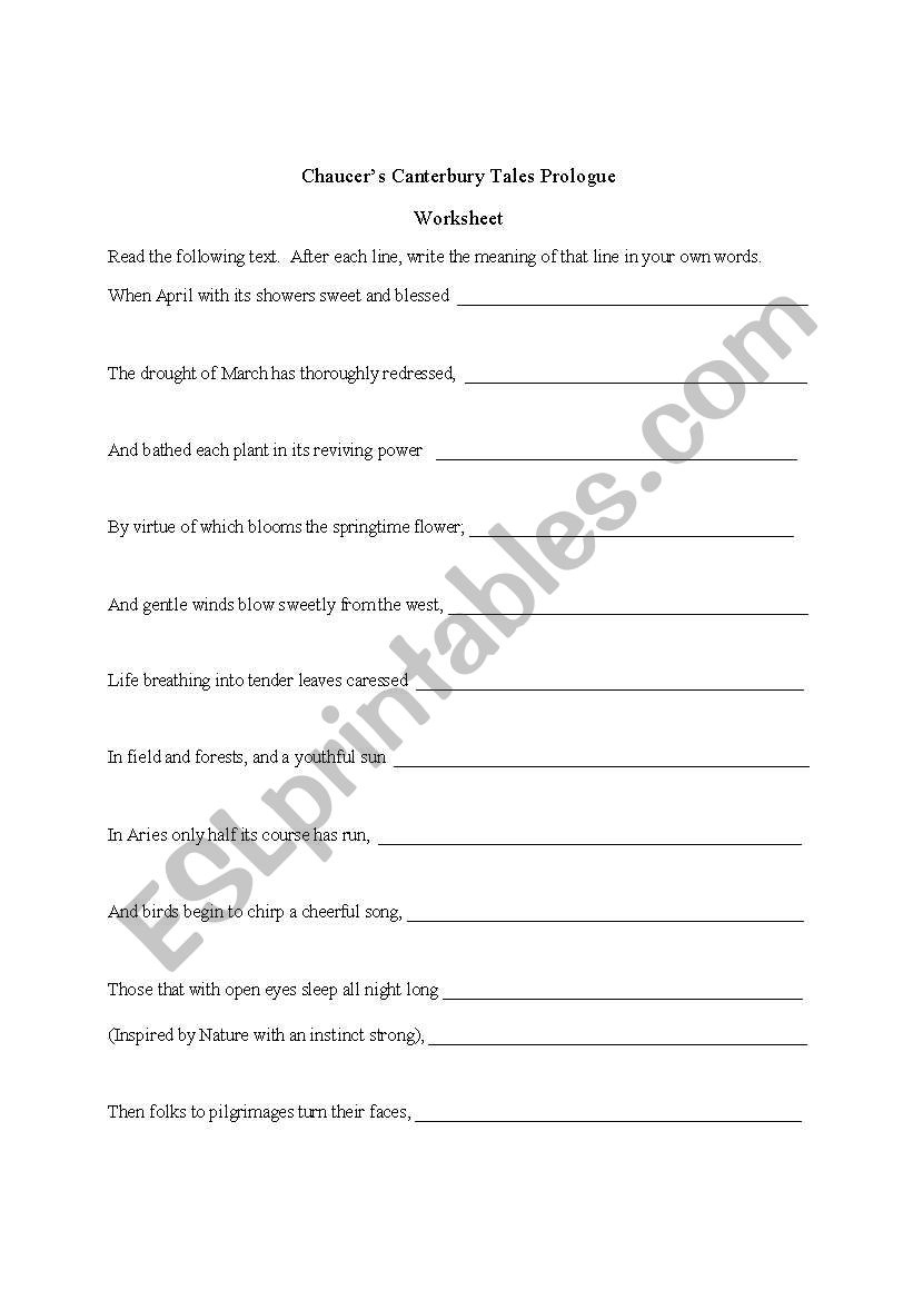 English Worksheets Chaucer s Canterbury Tales Reading Assessment Worksheet