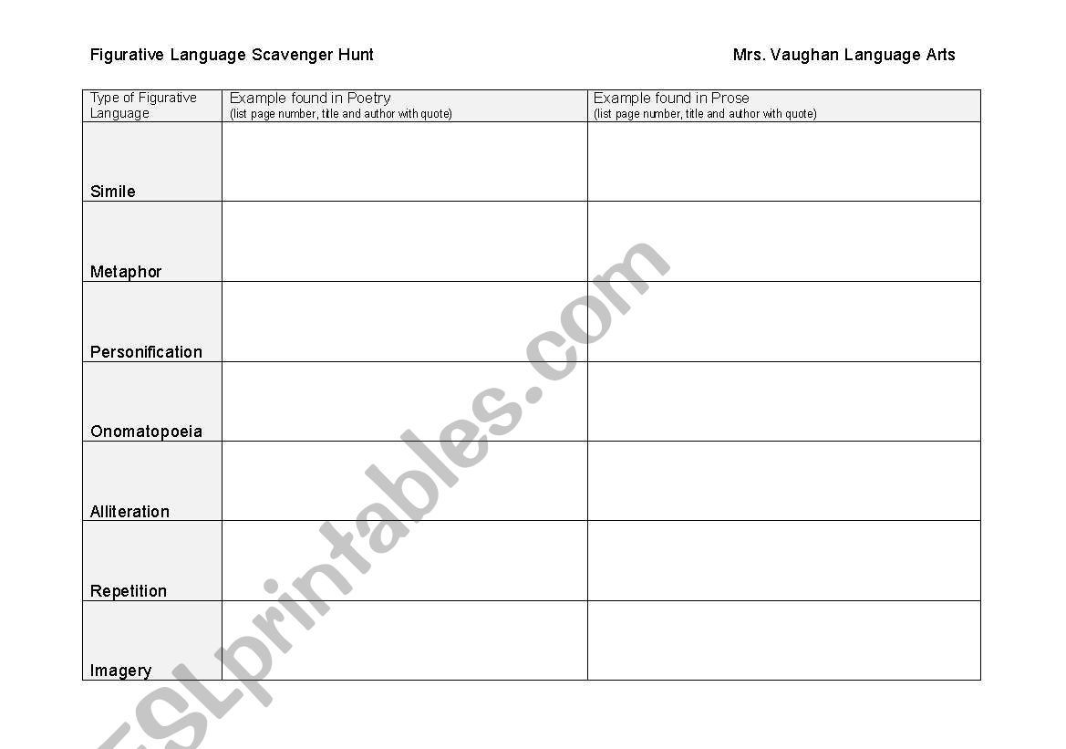 English Worksheets Figurative Language Scavenger Hunt