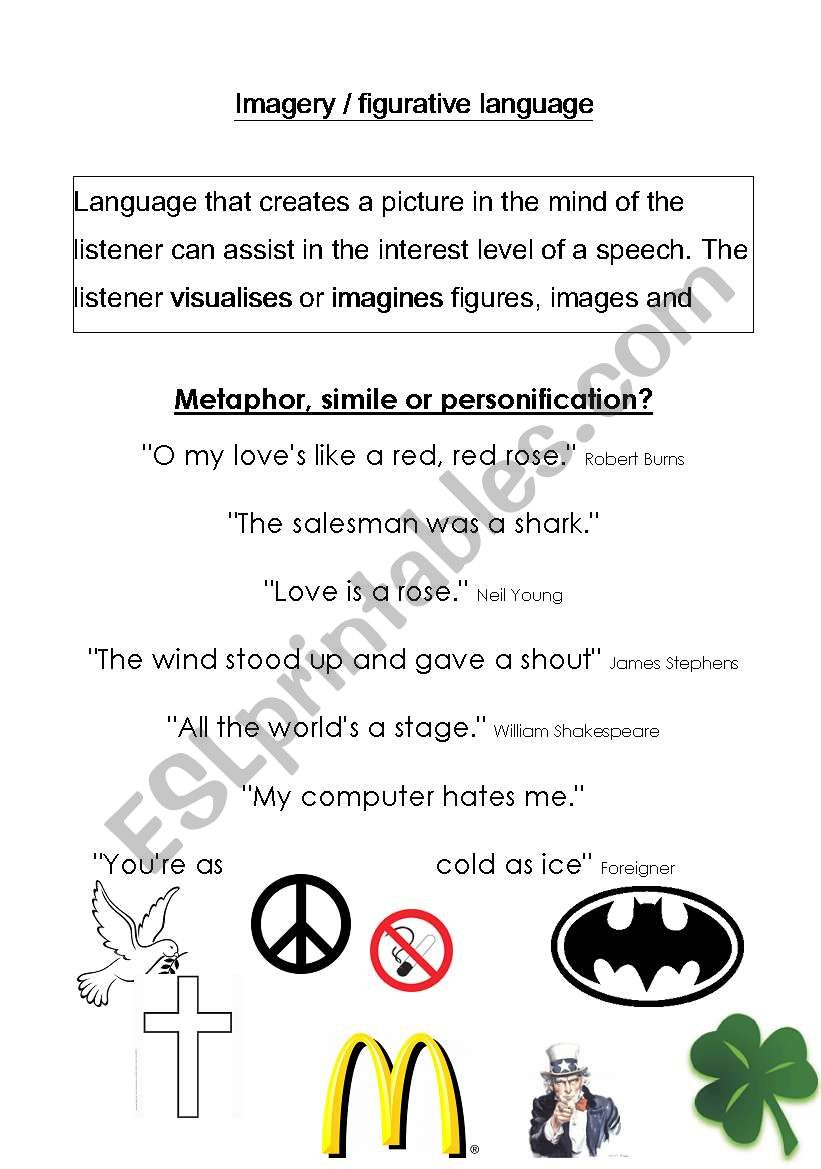 English Worksheets Imagery Figurative Language