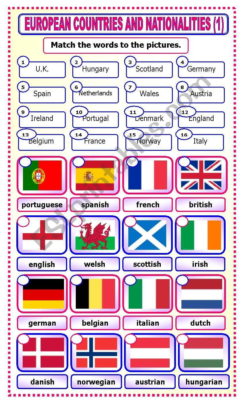 European Countries And Nationalities Matching 1 European Day Of 