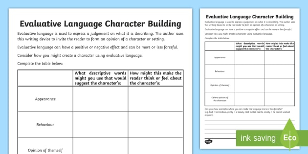 Evaluative Language Character Building Worksheet