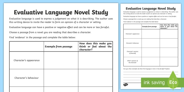 Evaluative Language Novel Study Activity teacher Made 