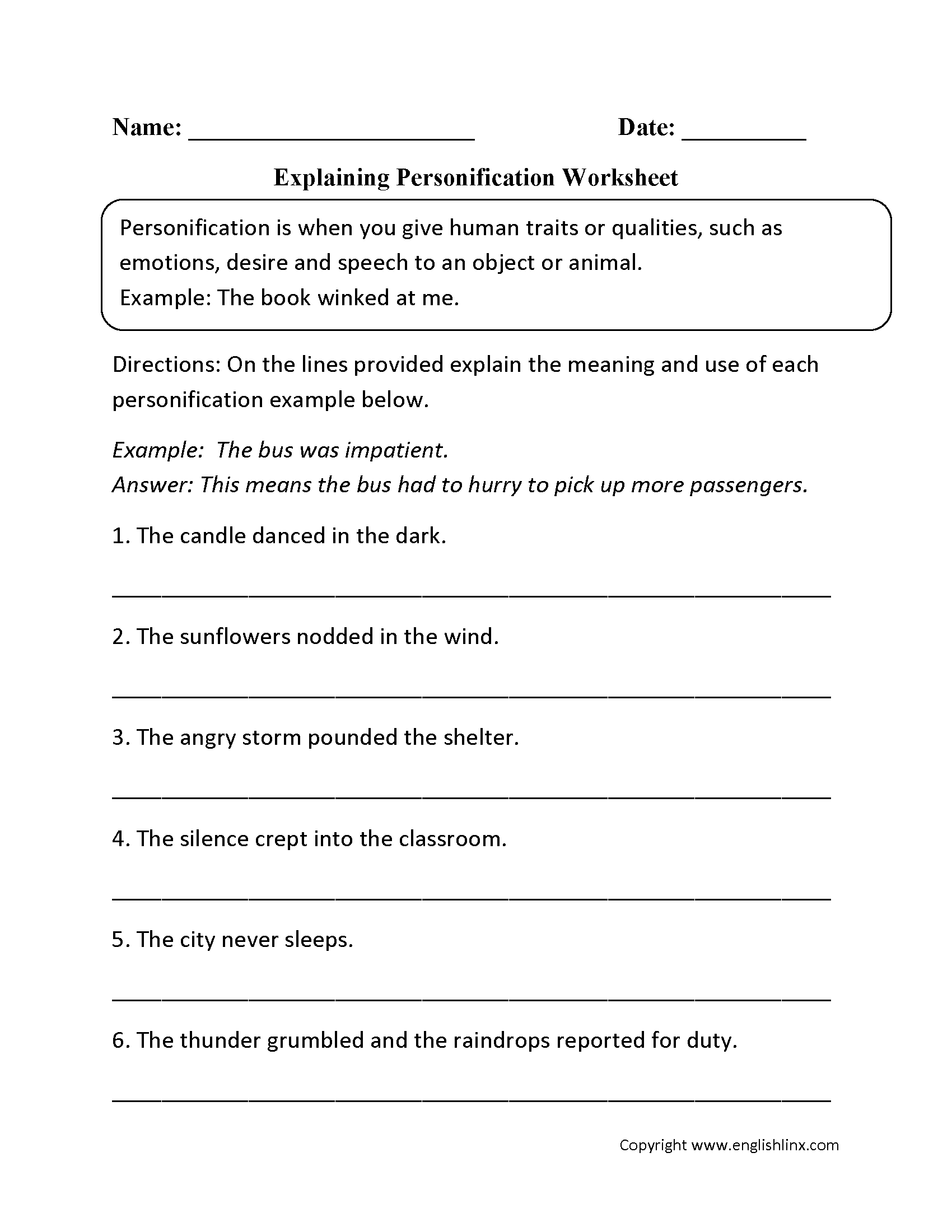 Explaining Personification Worksheet Figurative Language Worksheet 