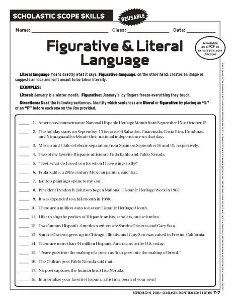 Figurative And Literal Language 6th 9th Grade Worksheet Figurative 