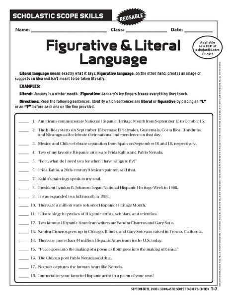 Figurative Vs Literal Language Worksheet