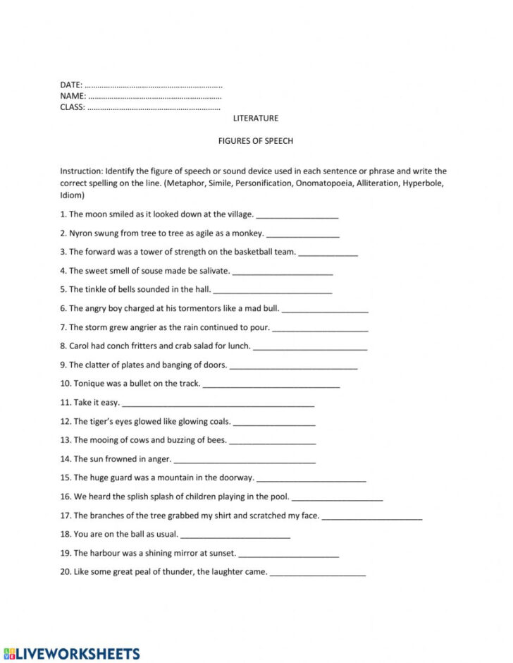 Figurative Language In Text Worksheets