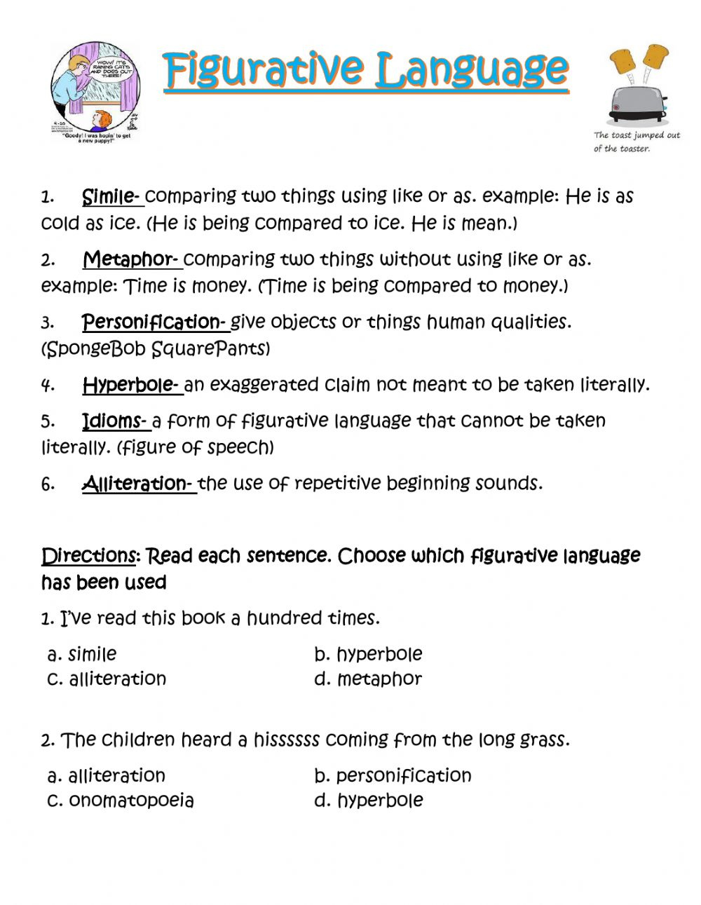 Figurative Language Multiple Choice Worksheet