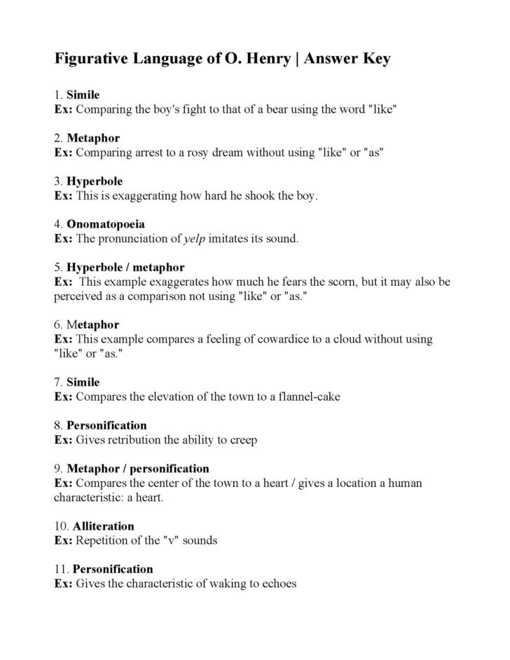 Figurative Language Of O Henry Worksheet Answers