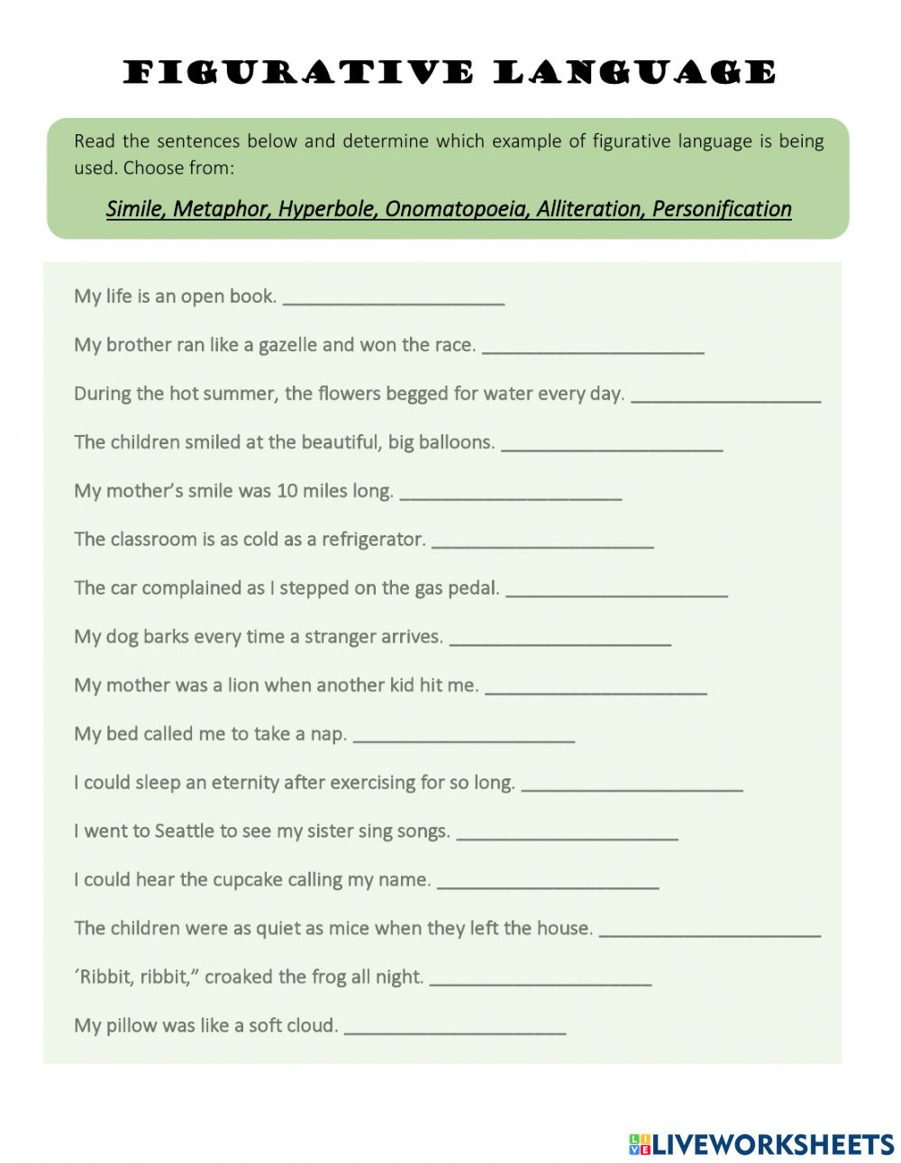 Figurative Language Online Activity For Grade 6 8