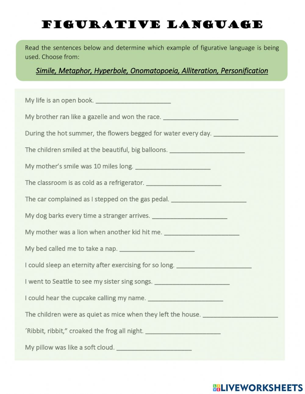Figurative Language Worksheets Year 6 Language Worksheets