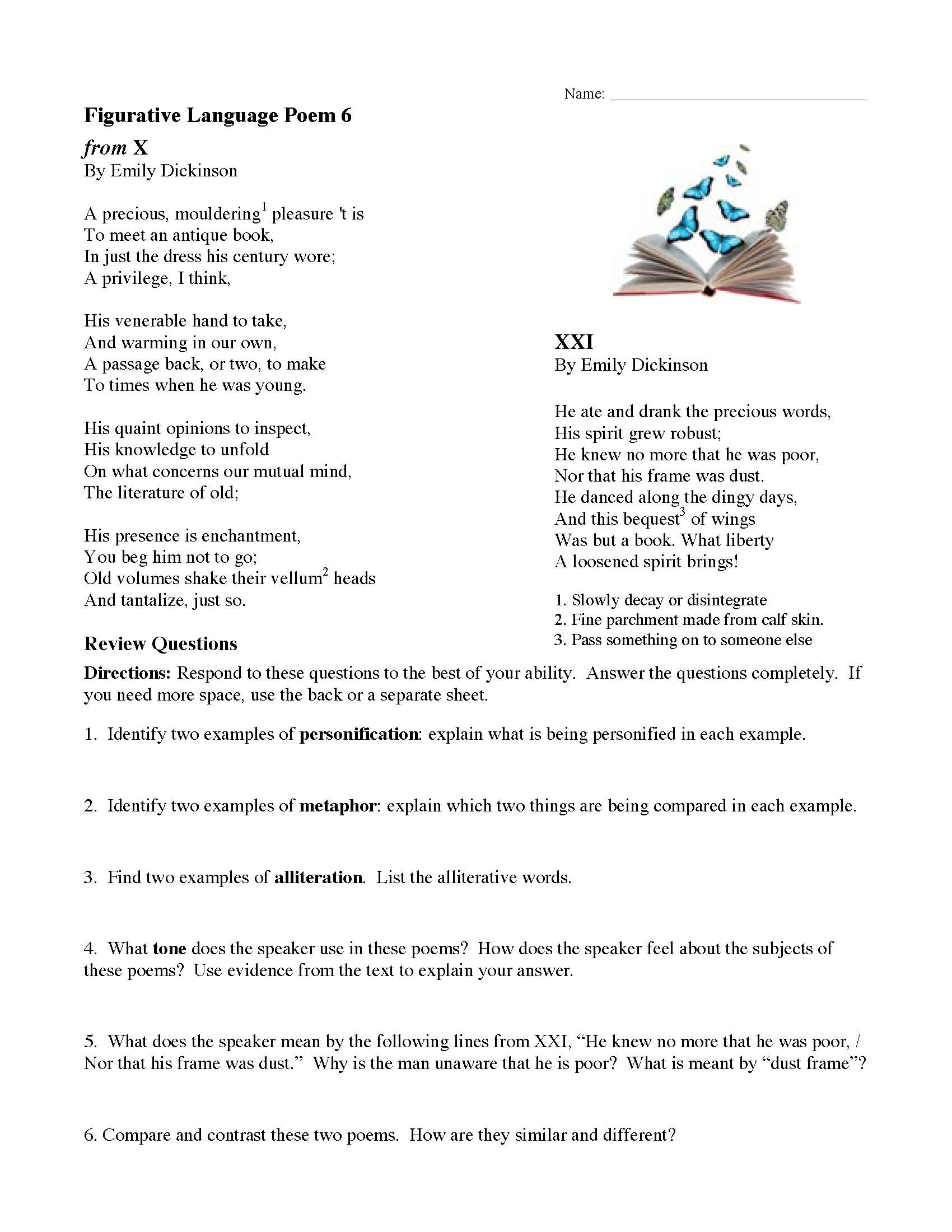 Figurative Language Poems With Questions Ereading Worksheets