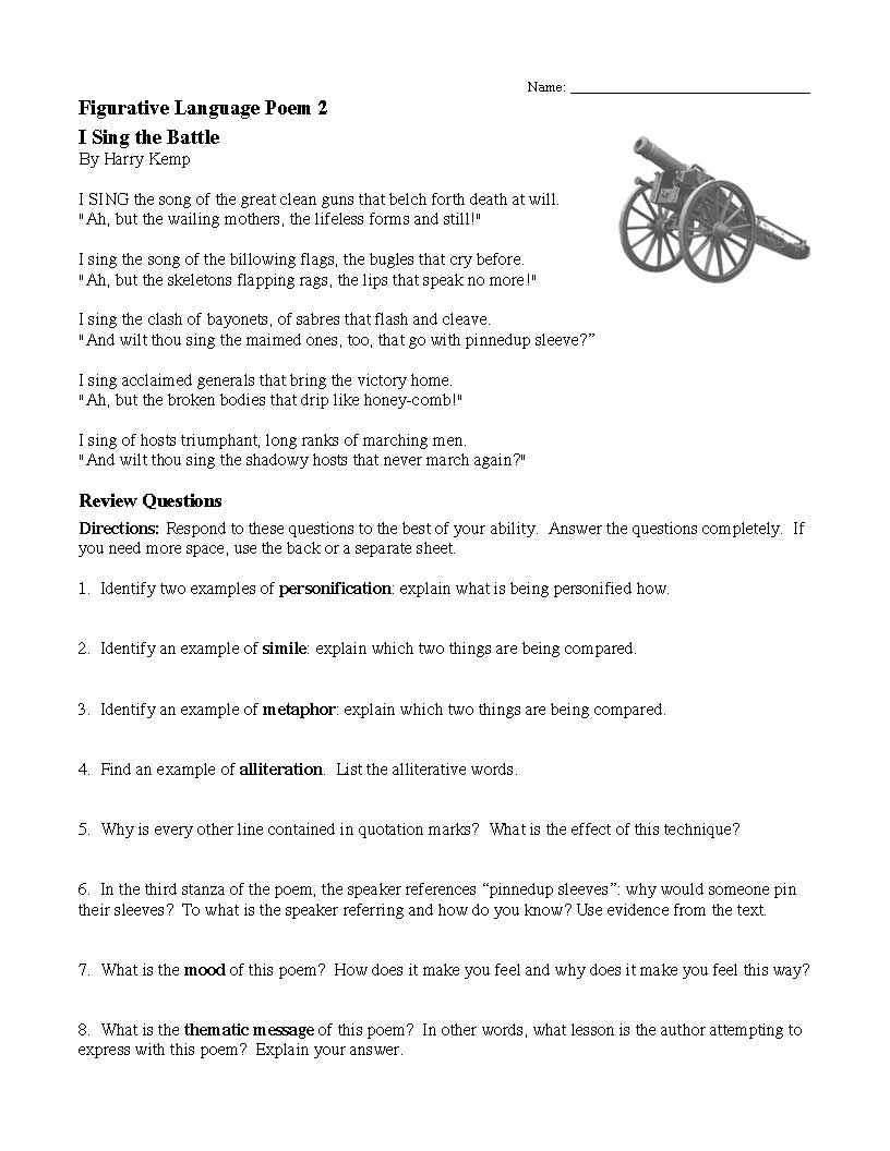 Figurative Language Poems With Questions Ereading Worksheets