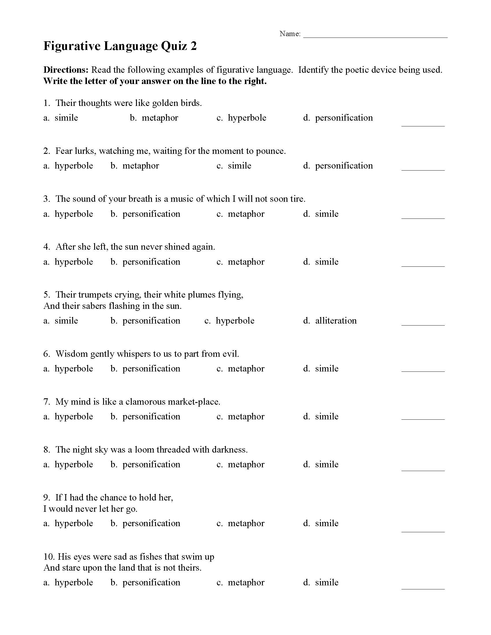 Figurative Language Printable Test Language Worksheets