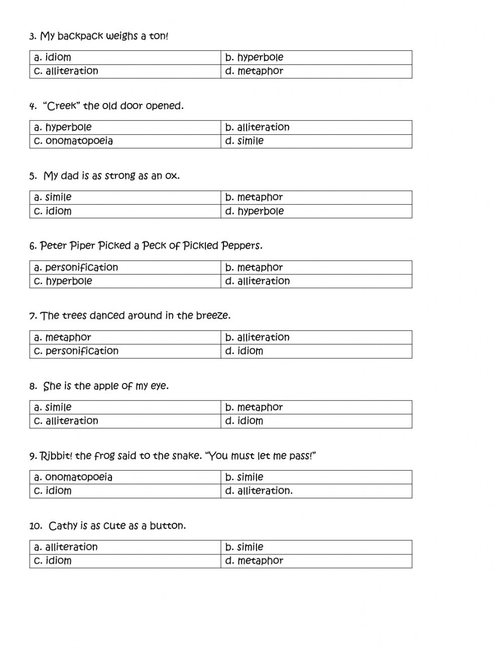 Figurative Language Review Interactive Worksheet