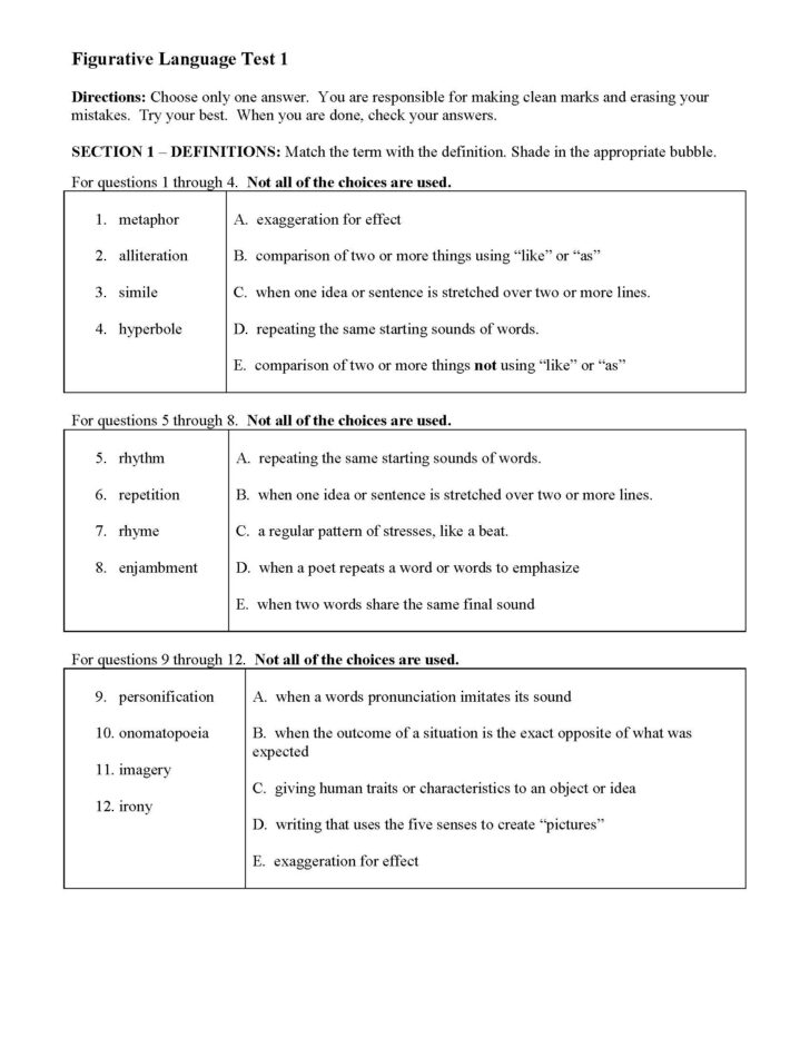 Figurative Language Quiz Worksheet