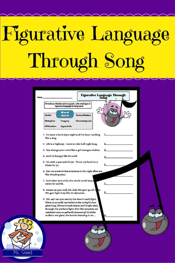 Figurative Language Through Song Worksheets Figurative Language 