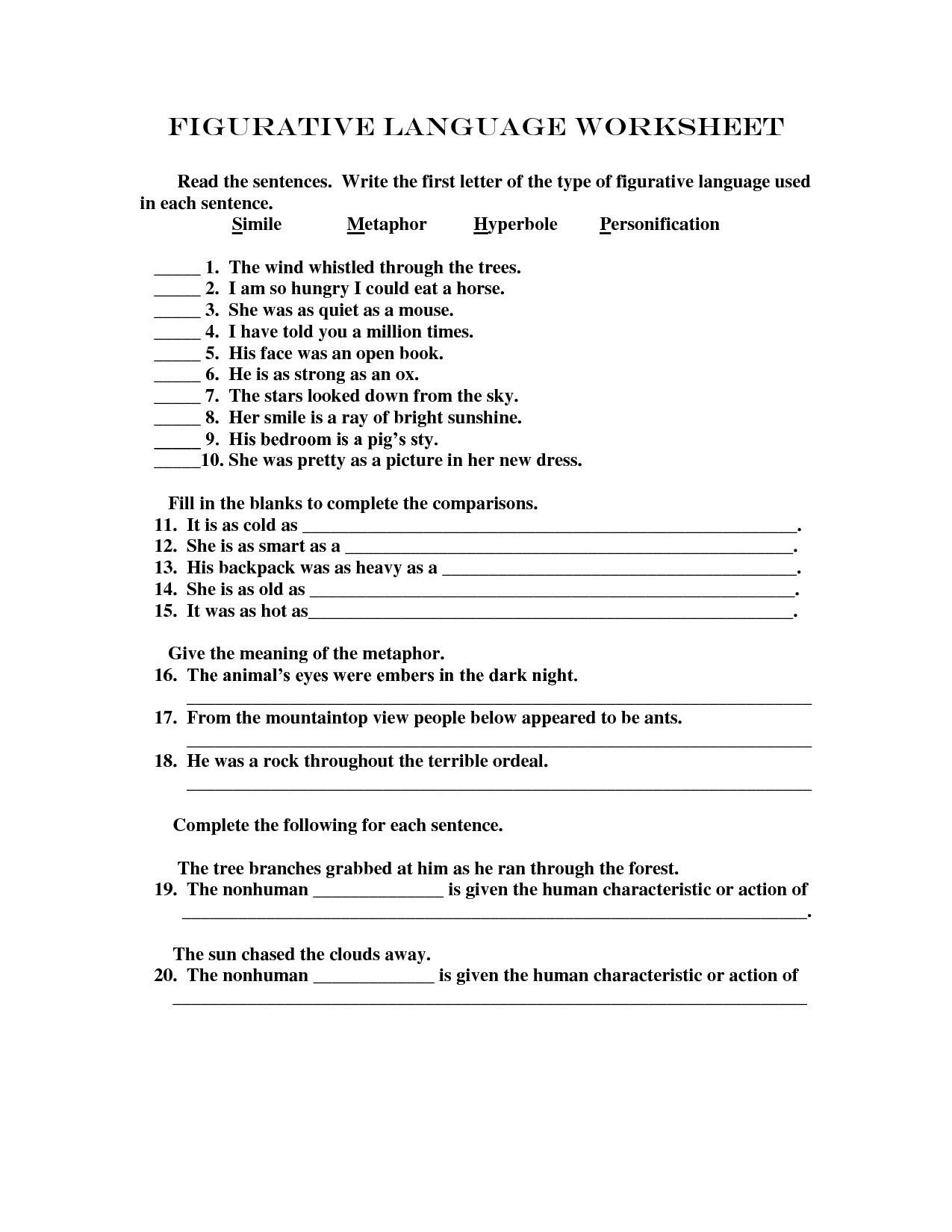 Figurative Language Worksheet 1