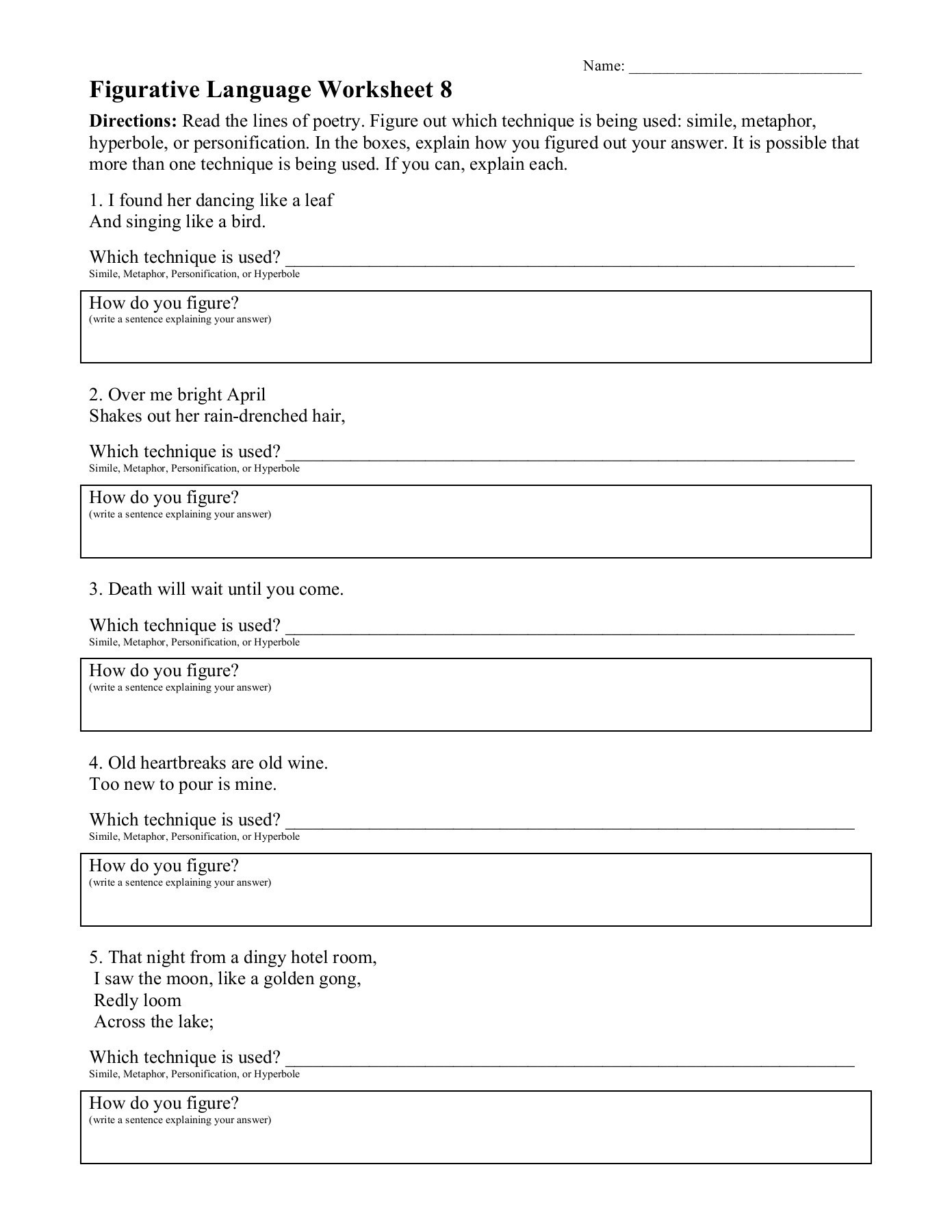 Figurative Language Worksheet 1 Answer Sheet My PDF Collection 2021