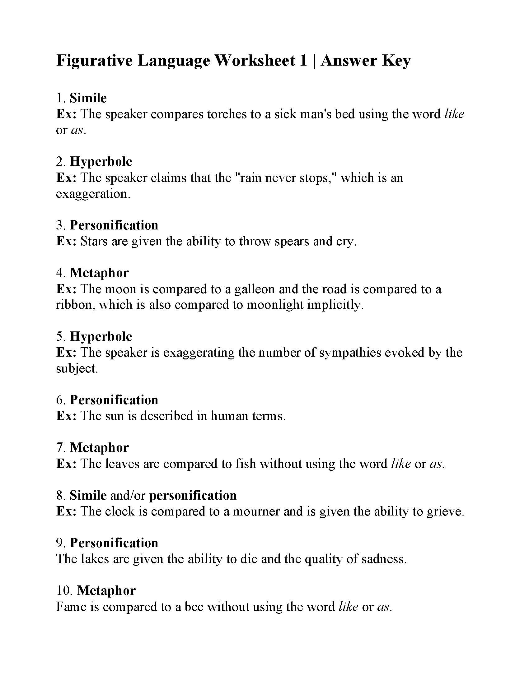 Figurative Language Worksheet 1 Answers