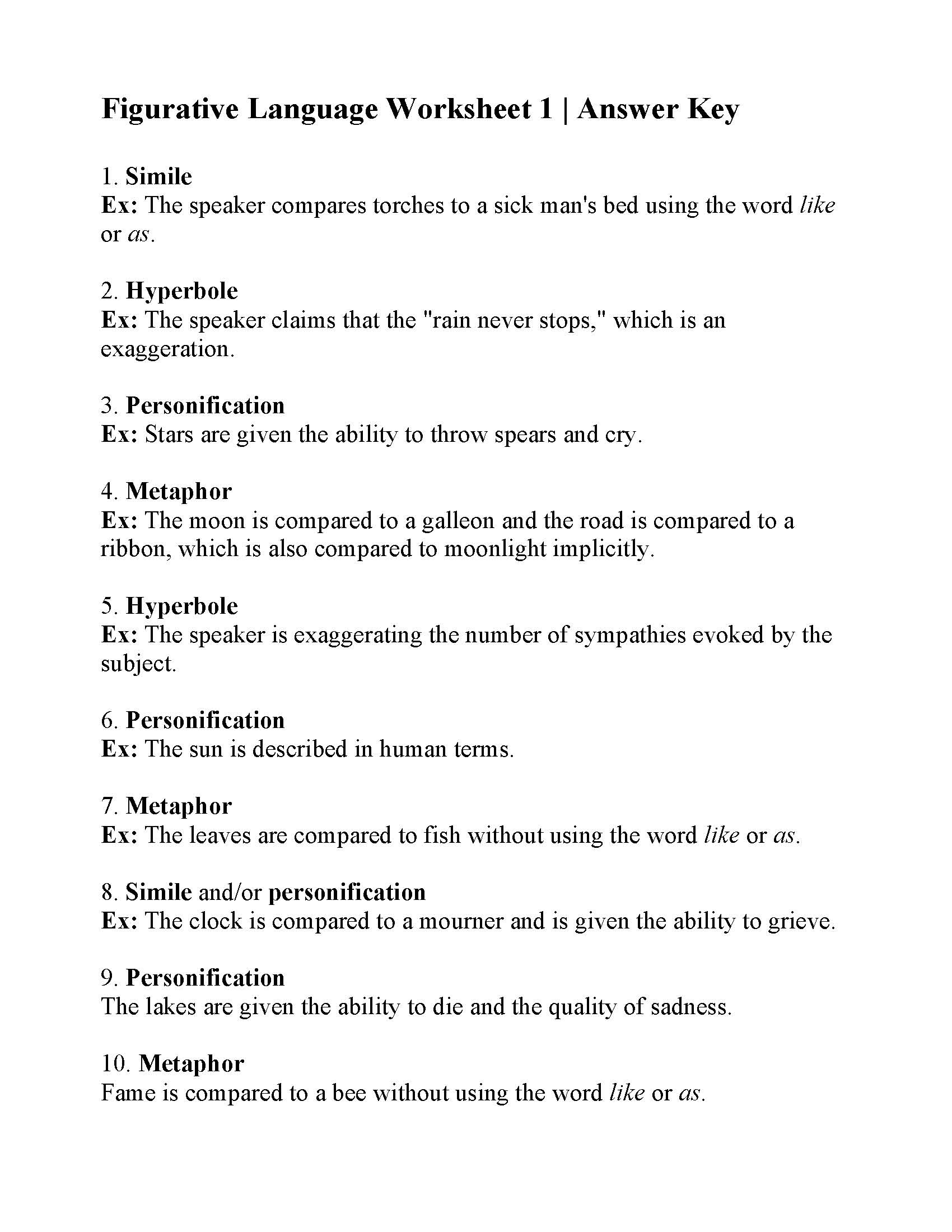 Figurative Language Worksheet 1 Reading Activity
